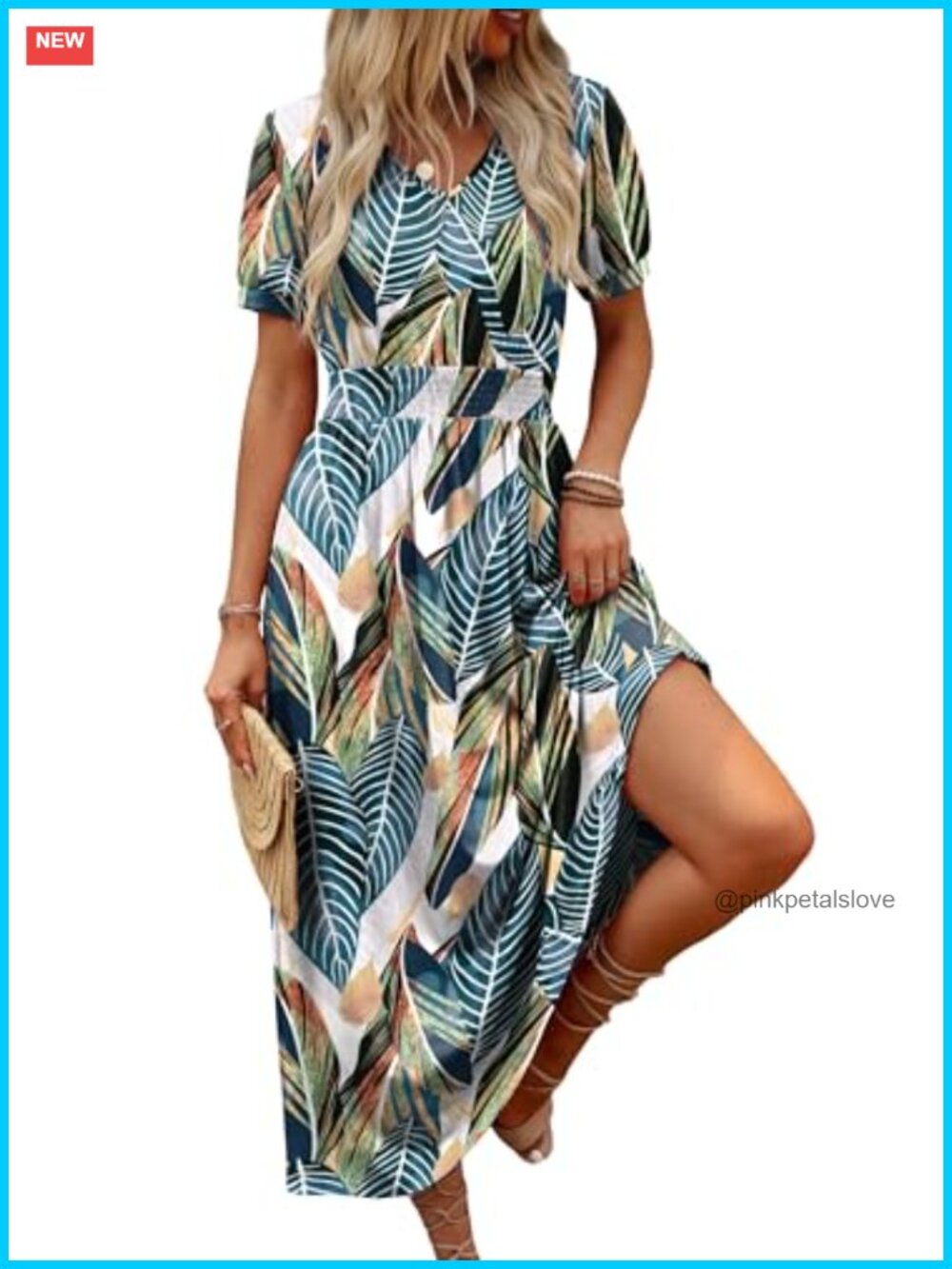 V Neck Maxi Dress Smocked Waist Flowy Midi Long Dress for Summer Beach - Picture 2 of 6
